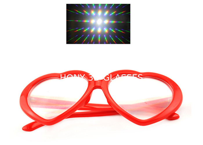 पार्टी के लिए रेड हार्ट फ़्रेम प्लास्टिक डिफ्रैक्शन आतिशबाजी 3 डी इंद्रधनुष चश्मा